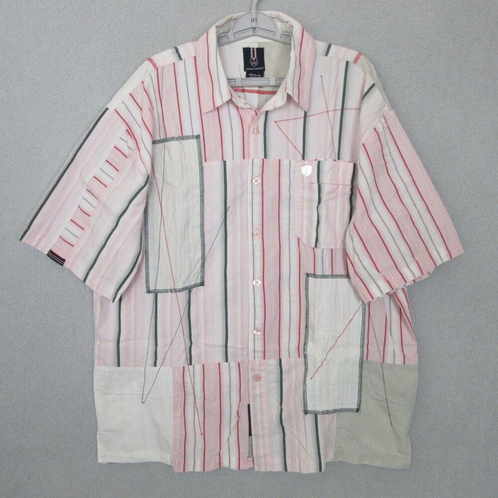 Phat Farm Shirt Mens XL Pink Striped Short Sleeve Button Up Patchwork Streetwear
